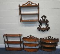 FIVE 20TH CENTURY WALL HANGING SHELVES, all varying in shape, size, style, etc, condition report: