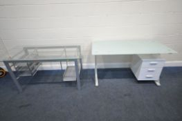 A JOHN LEWIS GLASS ZANE DESK, with three drawers, width 140cm x depth 70cm x height 77cm, along with