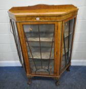 A 20TH CENTURY WALNUT DISPLAY CABINET, with three drawers, raised on cabriole legs, with ball and