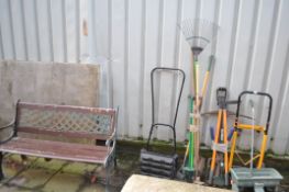 A SELECTION OF GARDEN HAND TOOLS, including spades, shovels, etc, a Qualcast panther 30 push