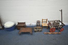 A LARGE SELECTION OF OCCASIONAL FURNITURE, to include a small pull along cart, a wicker basket, a