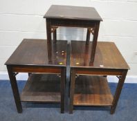 A PAIR OF 20TH CENTURY MAHOGANY TWO TIER SIDE TABLES, 62cm squared x height 78cm, along with a