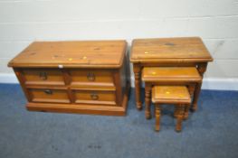 A PINE CHEST OF FOUR DRAWERS, width 113cm x depth 51cm x height 65cm, and a nest of three tables,