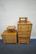 A 20TH CENTURY OAK CHEST OF SIX DRAWERS, width 61cm x depth 44cm x height 124cm, a matching three