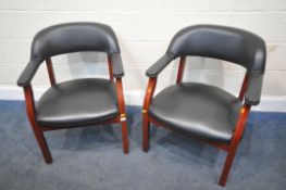 A PAIR OF MODERN BLACK LEATHERETTE ARMCHAIRS, with curved backrests, width 63cm x depth 67cm x