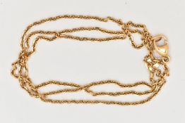 A YELLOW METAL CABLE CHAIN, fitted with a lobster clasp, stamped 750, length 400mm, approximate