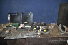 A COLLECTION OF HAND AND POWER TOOLS INCLUDING A BOSCH 240V DRILL, a Challenge 14.4v drill with