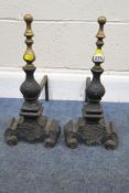 A PAIR OF BRASS AND IRON ANDIRONS, height 40cm, condition report: general signs of wear and usage (