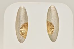 A PAIR OF BI-COLOUR OVAL TEXTURED EARRINGS, to the post fittings, unmarked, missing scroll backs,
