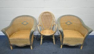 A PAIR OF WIDE WICKER ARMCHAIRS, width 85cm x depth 81cm x height 84cm, along with another wicker