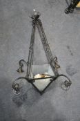 AN ART NOUVEAU STYLE CEILING LIGHT, with an upside down peaked central section, with frosted glass