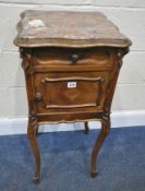 A 20TH CENTURY KINGWOOD POT CUPBOARD, with a wavy marble insert, a single drawer, over a single
