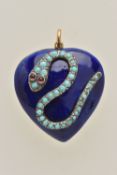 AN ENAMEL HEART AND SNAKE PENDANT, heart shape pendant with a deep blue guilloche enamel, displaying