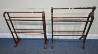 A 20TH CENTURY MAHOGANY TOWEL RAIL, width 73cm x height 94cm, along with a smaller rail, condition