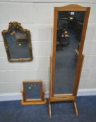 A MODERN PINE CHEVAL MIRROR, height 151cm, a pine dressing mirror, along with a gilt frame wall