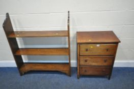 A 20TH CENTURY MAHOGANY CHEST OF THREE DRAWERS, width 57cm x depth 35cm x height 77cm, along with an