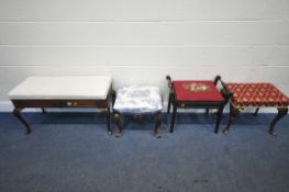 A 20TH CENTURY DUET STOOL, raised on cabriole legs, width 97cm x depth 42cm x height 54cm, along