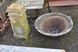 A LARGE RECONSTITUTED STONE PUNCHEON AND A CHIMNEY POT, panchion diameter 77cm (2). Condition