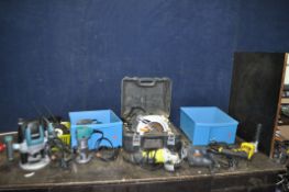 A COLLECTION OF POWER TOOLS including an Erbauer 1/2in router, a Zen edge router, a Titan circular