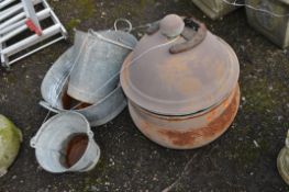 VINTAGE GALVANISED TIN BATH AND TWO BUCKETS along with a modern metal lidded urn and a horse shoe