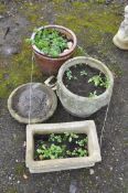 THREE GARDEN PLANTERS AND A BIRD BATH PLATTER, including one rectangular, one round concrete
