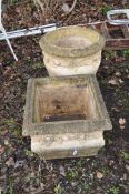 TWO WILLOWSTONE GARDEN PLANTERS, with rose and petal details to sides, the circular planter height