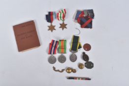 A WWII GROUP OF MEDALS, SOLDIERS SERVICE AND PAY BOOK, DOG TAGS, OTHER PAPERWORK, BUTTONS, to