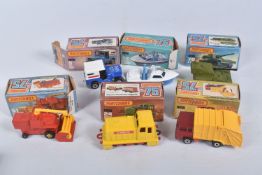 SIX BOXED MATCHBOX SUPERFAST 75 MODEL CARS, the first is a a New 70c S.P. Gun in military green,