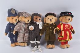 FIVE MERRYTHOUGHT FOR HARRODS TEDDY BEARS, Beefeater, Policeman, Harrods Doorman, Sherlock Holmes