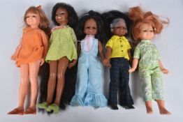 FIVE UNBOXED IDEAL DOLLS, to include a Beautiful Crissy in orange outfit, a Cinnamon? in green top