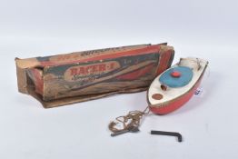 A BOXED SUTCLIFFE CLOCKWORK 'RACER 1' SPEEDBOAT, playworn condition but appears complete and in