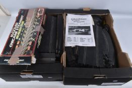 TWO BOXES OF ASSORTED SCALEXTRIC CARS, TRACKS, AND ASSORTED ACCESSORIES, to include a boxed Hazard