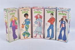 FIVE BOXED HASBRO THE WORLD OF LOVE DOLLS, the first named Love 4400, Peace 4405, Flower 4410,