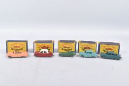 FIVE BOXED MOKO LESNEY BRITISH CAR MODELS, Vauxhall Cresta, No.22, Ford Zodiac, No.33, sea green,