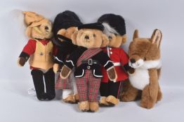 FOUR MERRYTHOUGHT FOR HARRODS TEDDY BEARS, two different Guardsmen, Kilted Bagpiper, Highland