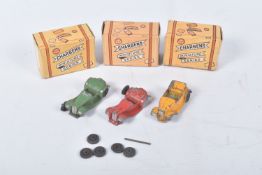 THREE EARLY POST WAR DINKY TOYS CAR MODELS, 2 x M.G. Sports Car, No.35c, one in red the other