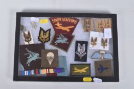 SMALL RIKER WITH DISPLAY CASE CONTAINING VARIOUS SAS INSIGNIA AND OTHER ITEMS, card six are