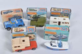 FIVE BOXED MATCHBOX SUPERFAST 75 MODEL CARS, the first a New 54d Mobile Home, cream body with