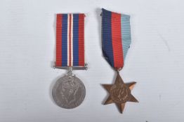 TWO WWII MEDALS WITH RIBBONS, to include 1939-1945 war medal and star