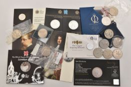 A CARDBOARD TRAY OF COINS AND COMMEMORATIVES, to include Royal Mint carded Restoration of the