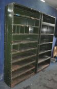 TWO MID CENTURY INDUSTRIAL SHELVING UNITS, with twelve adjustable shelves and dividers between both,