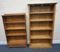 TWO PINE OPEN BOOKCASES, largest width 102cm x depth 28cm x height 182cm, condition report: both