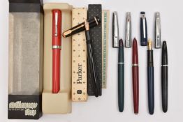 A SMALL ASSORTMENT OF PENS, to include a boxed 'Parker Duofold' fountain pen, nib stamped 14k, a