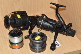 TWO SHIMANO FISHING REELS AND TWO SPOOLS comprising a Shimano 5010 Aero Baitrunner reel, Shimano