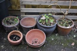 SIX VARIOUS GLAZED PLANT POTS OF VARIOUS SIZES AND STYLES, largest diameter 36cm x height 32cm