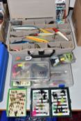TWO CASES AND LOOSE FISHING LURES AND FLIES, to include a quantity of flies in assorted form and