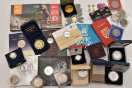 A CARDBOARD BOX OF COINS AND COMMEMORATIVES, to include a Silver Proof Crown 1980, Queens 90th