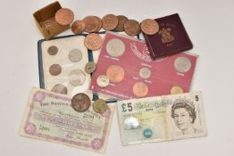 A SMALL BOX OF MIXED COINS, to include 9x Guernsey 1956 Eight Doubles coins most with full lustre