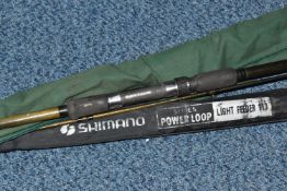 THREE FISHING RODS, to include a three piece Shimano power loop light feeder 113, carbon rod with