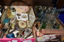 TWO BOXES OF VINTAGE DRESSING TABLE SETS, DECORATIVE BOTTLES, AND PLAYERS CIGARETTE CARDS, to